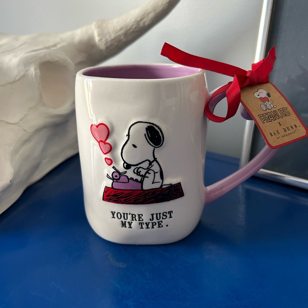 Rae Dunn Peanuts Snoopy Typewriter You’re Just My Type Heart Shaped Handle Mug